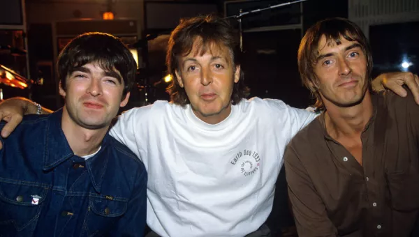 The Smokin' Mojo Filters (Paul McCartney, Paul Weller and Noel Gallagher) at the recording of the HELP album at Abbey Road Studios in 1995.