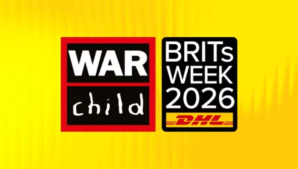 The War Child and BRITs Week logo side by side on a yellow background
