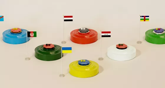 Six LullaBomb devices each with a different country flag next to them. The flags represented are Ukraine, Yemen, Central African Republic, Democratic Republic of Congo, Iraq, and Afghanistan.